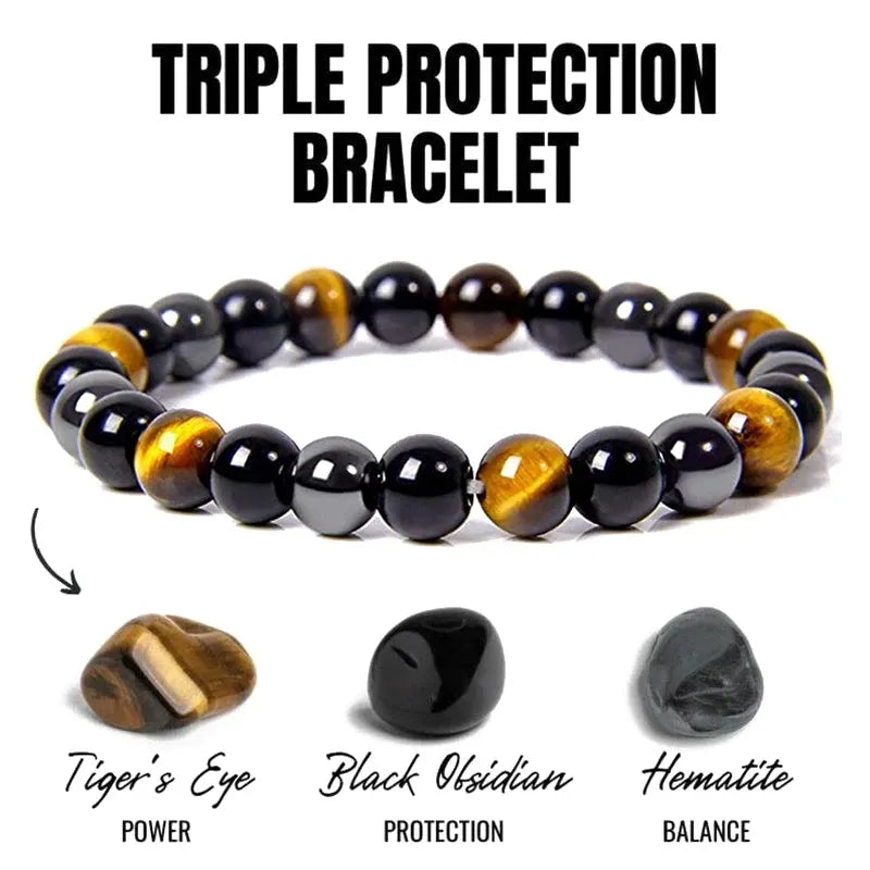 1 Natural Black Obsidian Hematite Tiger Eye Bead Bracelet For Men