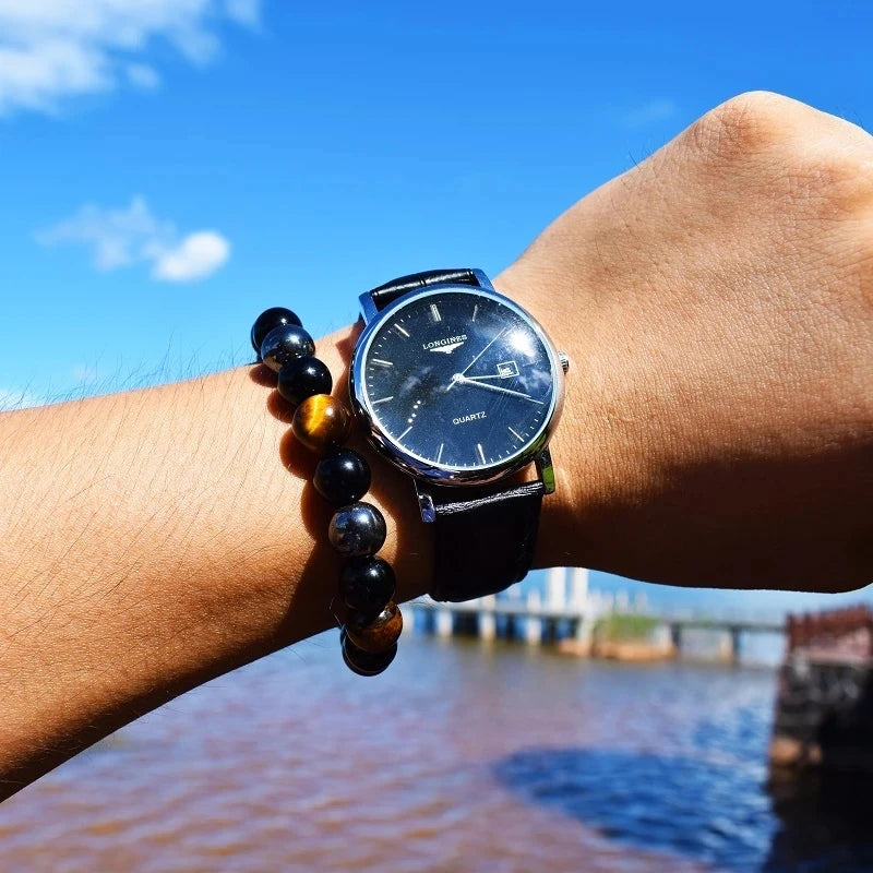1 Natural Black Obsidian Hematite Tiger Eye Bead Bracelet For Men