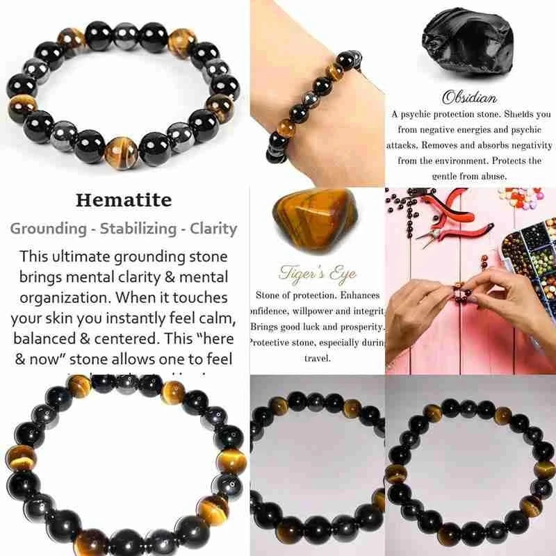 1 Natural Black Obsidian Hematite Tiger Eye Bead Bracelet For Men