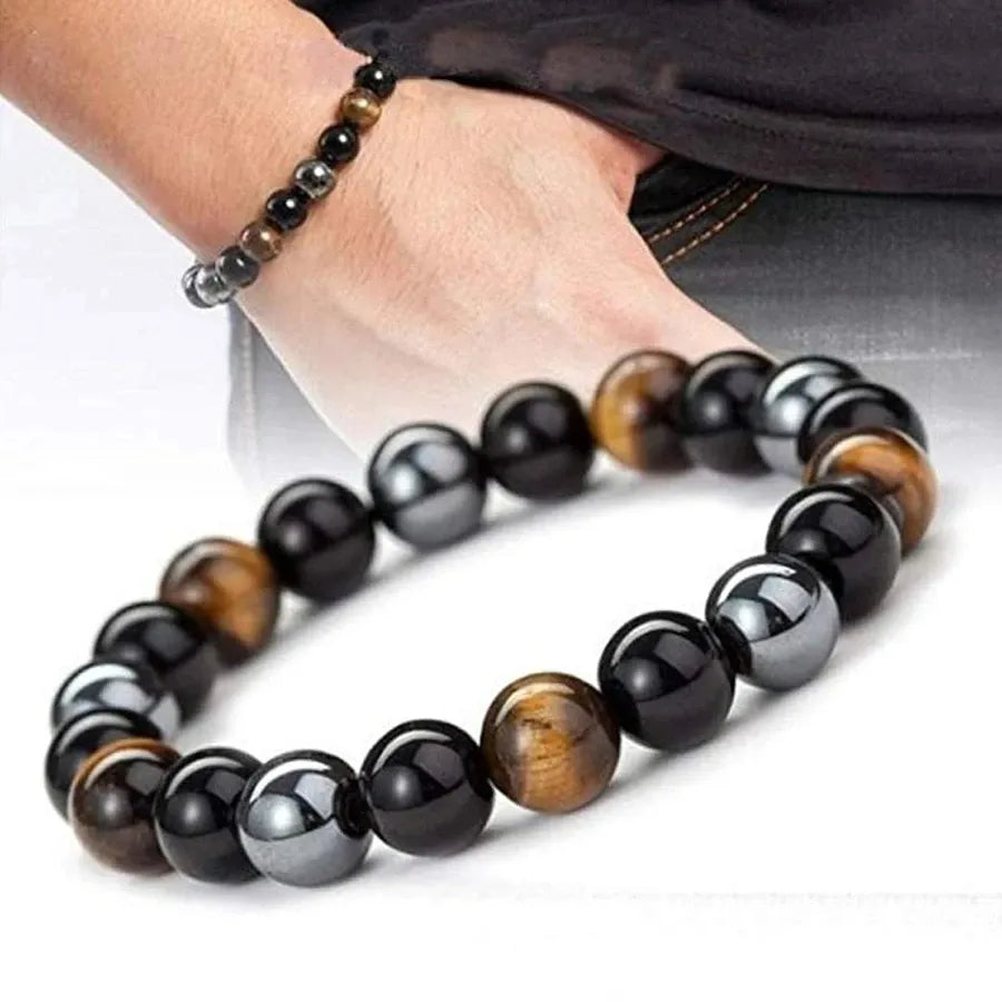 1 Natural Black Obsidian Hematite Tiger Eye Bead Bracelet For Men