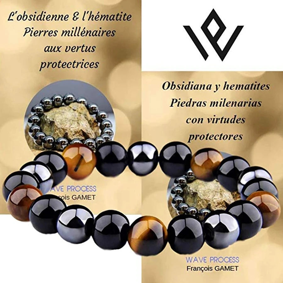 1 Natural Black Obsidian Hematite Tiger Eye Bead Bracelet For Men