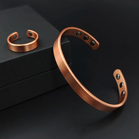 Simple Jewelry Set Pure Copper Bracelet Rings Cuff Magnetic Bangles